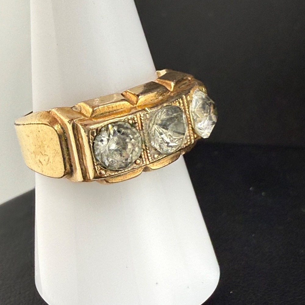 Vintage Uncas Gold Filled Ring 3 Rhinestone Trilogy Band Size 8.25 - Picture 9 of 16